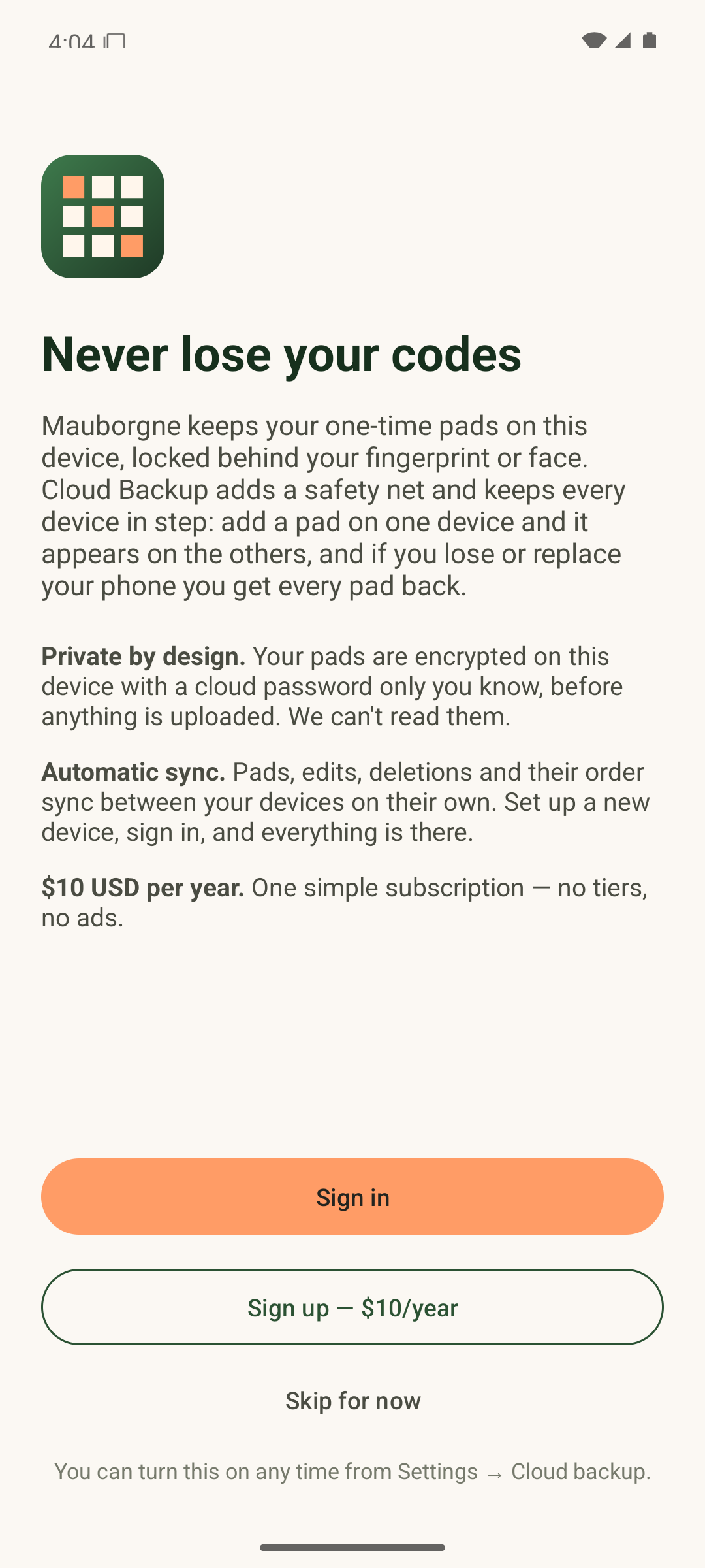 Android app: Cloud Backup welcome screen